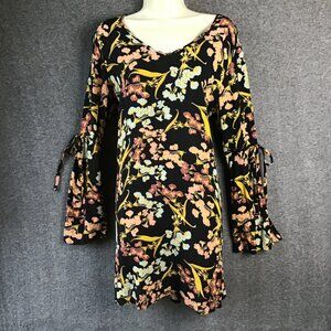 Rewind Black Floral Kimono Tie Sleeve Mini Dress Sz L